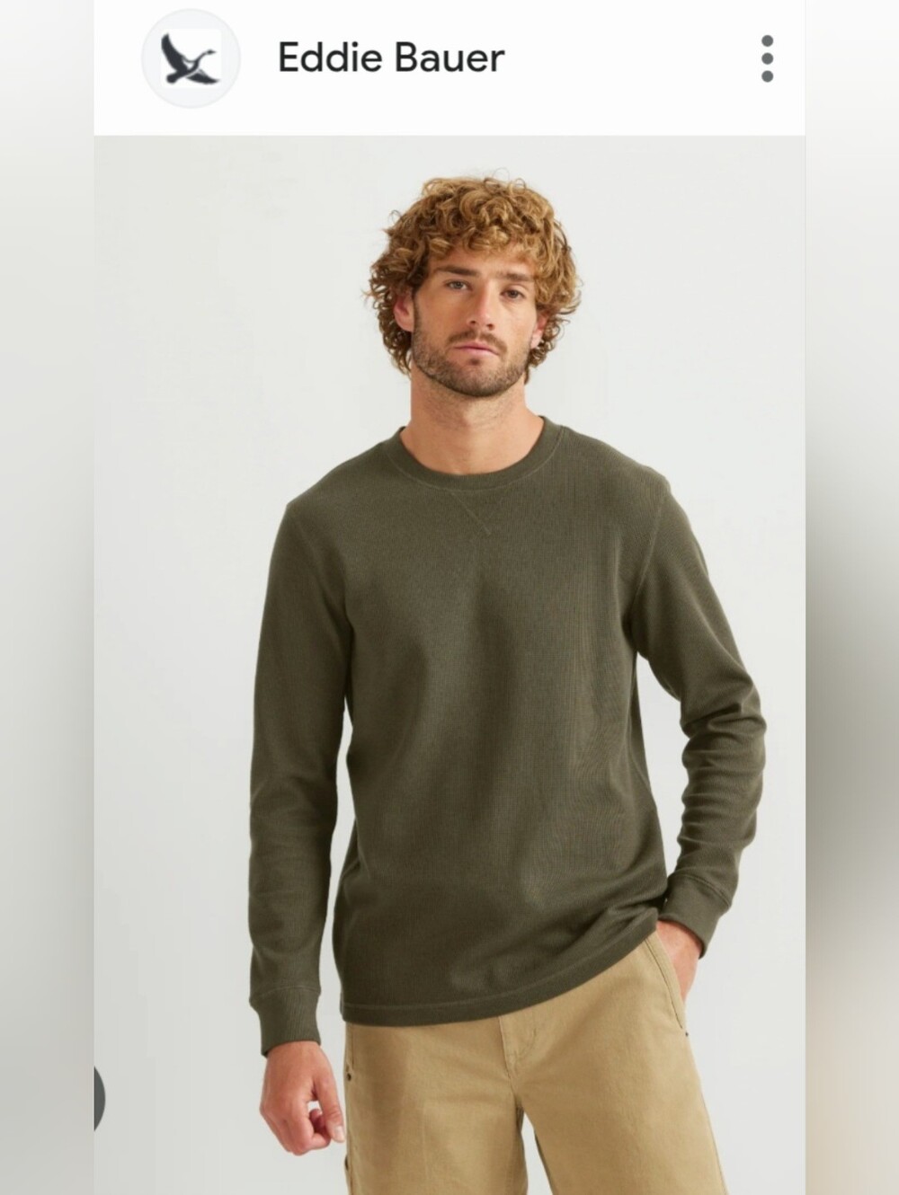 Eddie Bauer Men's 100% Cotton Olive Green Crewneck Thermal Knit Sweatshirt Large